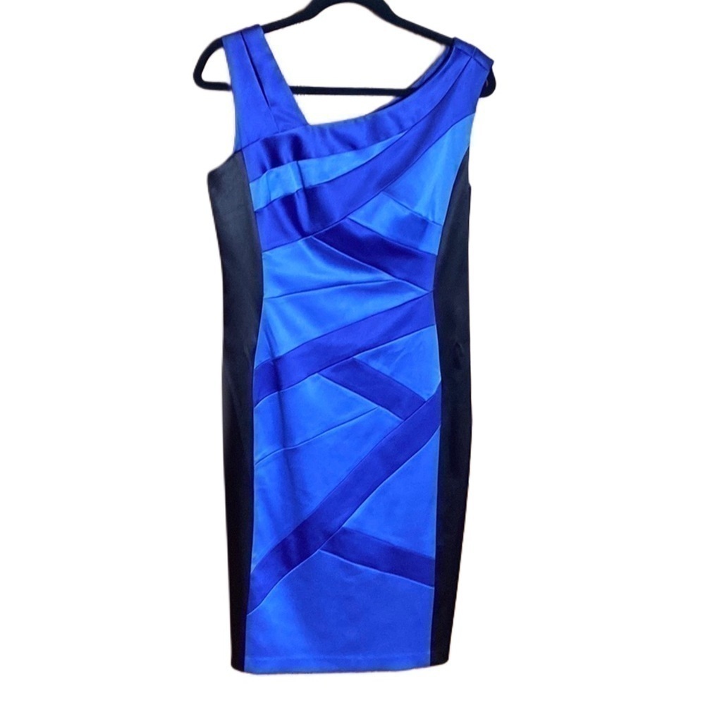 Slimming Sangria sleeveless sheath midi dress electric royal blue black sz 10